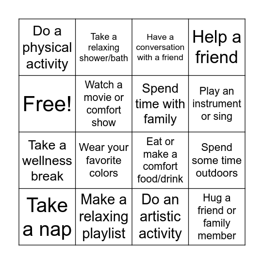 Wellness Bingo (due the 18th) Bingo Card