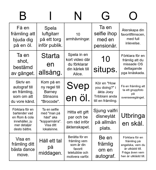 Joakims svensexa Bingo Card