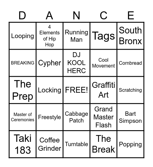 HIP HOP  DANCE Bingo Card