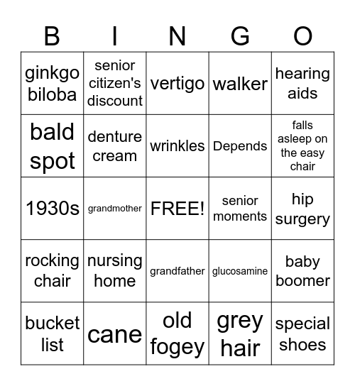 Old Age Bingo Card