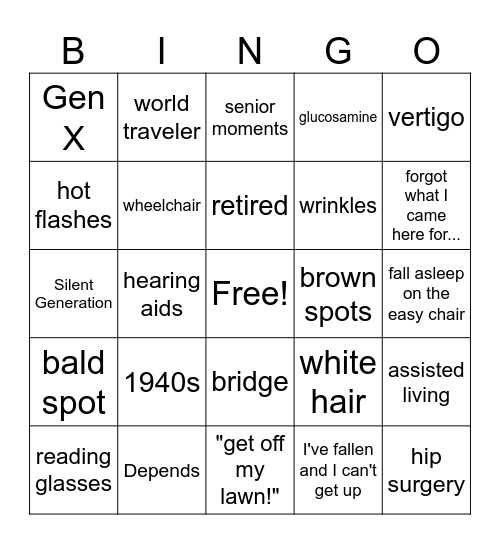 Old Age Bingo Card