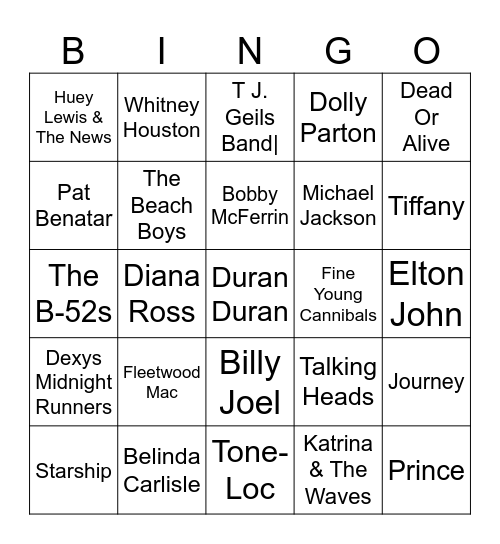 Music Bingo - 80s Hits Bingo Card