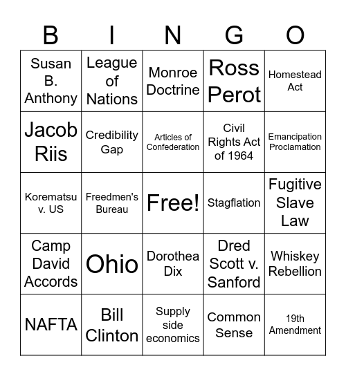 American History Final Exam Review Bingo Card