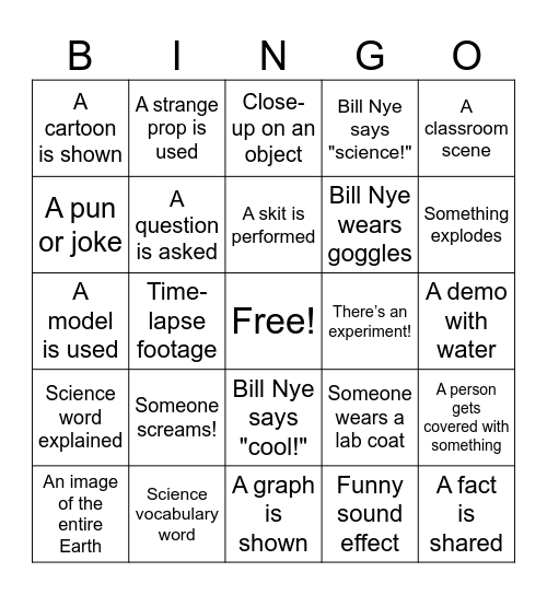 Bill Nye Bingo Card