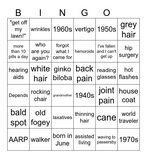 Old Age Bingo Card