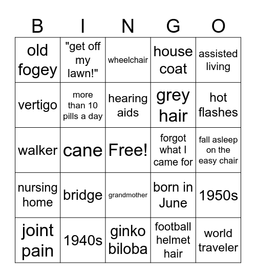 Old Age Bingo Card