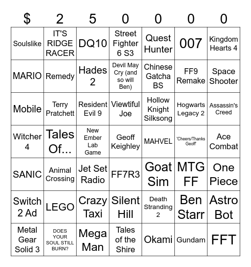 Summer Geoff Fest 25 Bingo Card