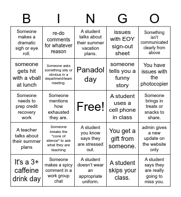 End of Year Teacher Bingo Card
