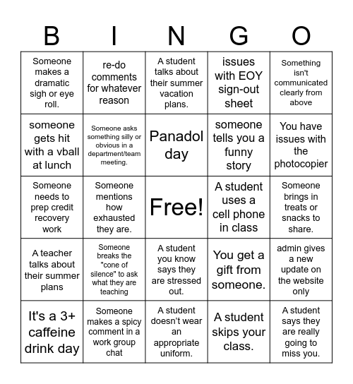 End of Year Teacher Bingo Card