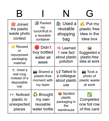 Plastic waste challenge 2025 Bingo Card