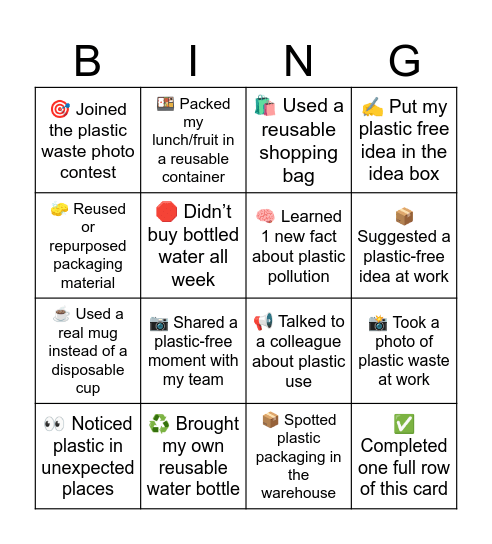 Plastic waste challenge 2025 Bingo Card