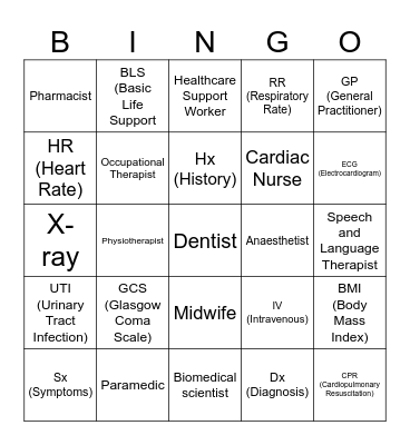 NHS Careers and Abbreviations Bingo Card