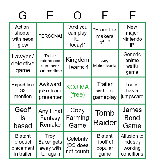 Summer Games Fest 2025 Bingo Card