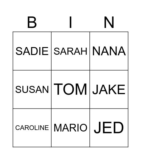 FAMILY NAMES Bingo Card