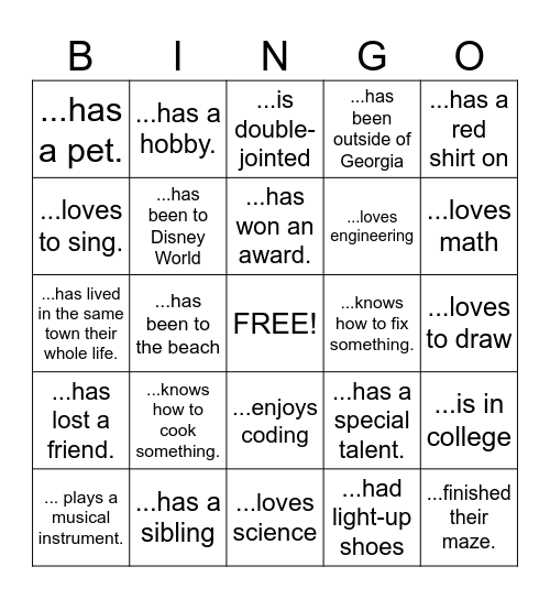 Techie Camp Friend Bingo Card