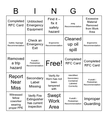 Safety Bingo Card