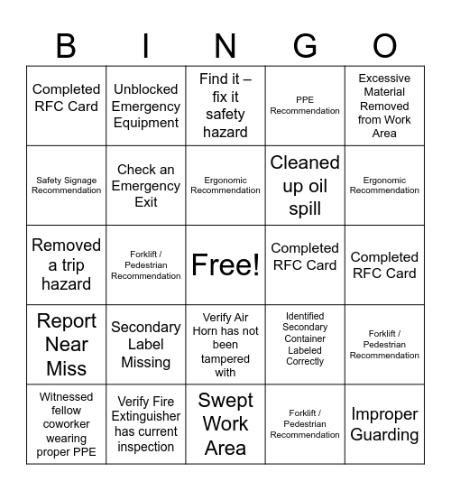 Safety Bingo Card