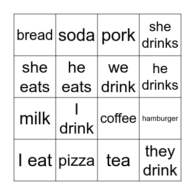 food and drinks Bingo Card