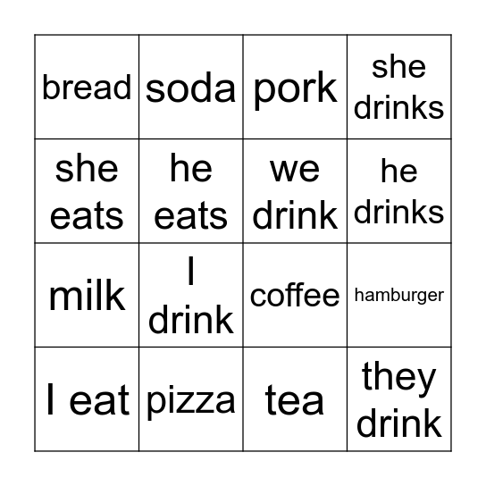 food and drinks Bingo Card