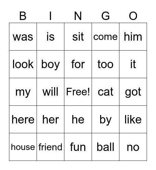 Sight Word BINGO Card