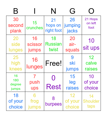 Exercise Bingo Card