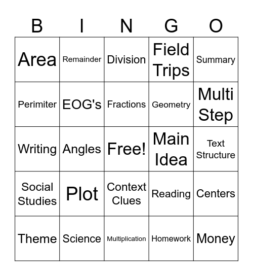 4th Grade Bingo Card