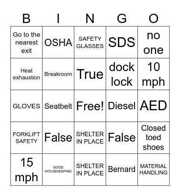 Warehouse Safety Bingo Card