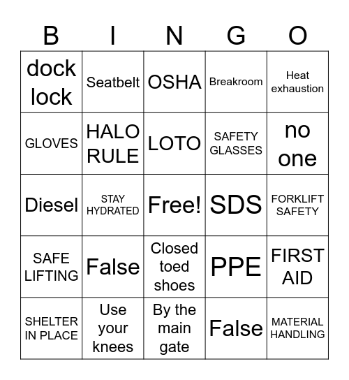 Warehouse Safety Bingo Card