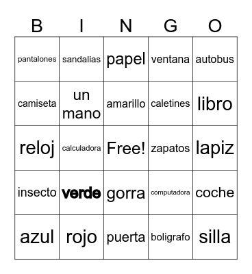 World Language - Spanish Bingo Card