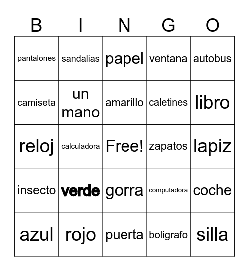 World Language - Spanish Bingo Card