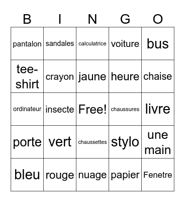 World Language - French Bingo Card