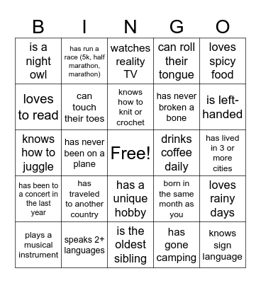 Find Someone Who Bingo Card