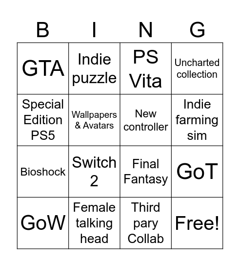 Sony State of Play Bingo Card