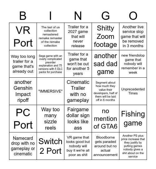 State of play bingo bingo card