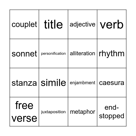 Unseen Poetry Techniques Bingo Card