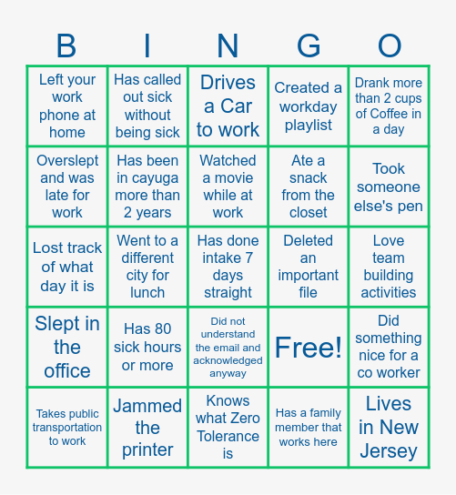 Admissions Bingo Card