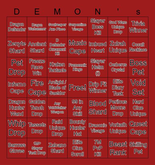 Demon Feet Gang OSRS Bingo Card