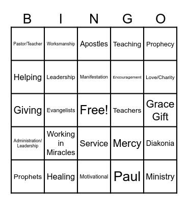 Spiritual Gifts Bingo Card