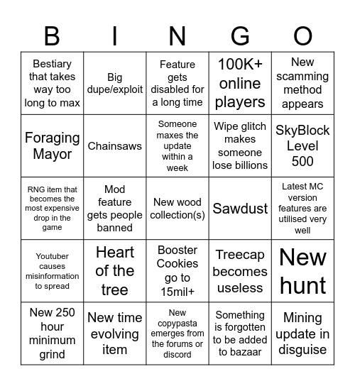 Foraging Update Bingo Card