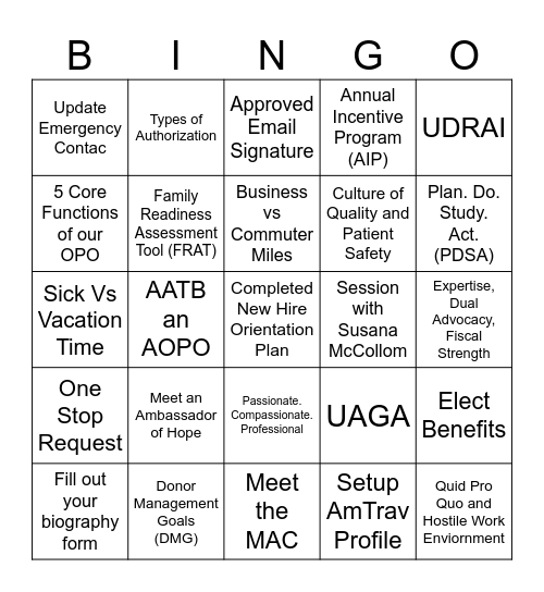June Orientation Bingo Card