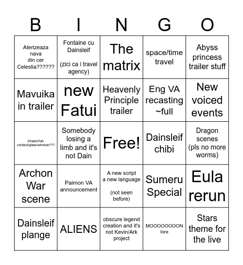 Genshin Livestream 5.7 Bingo Card