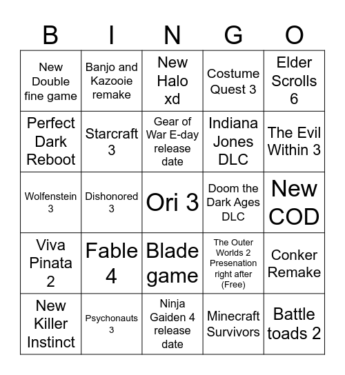 Andy's Xbox Showcase Predictions 6/8/25 Bingo Card