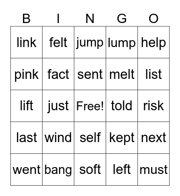 End Consonants Bingo Card