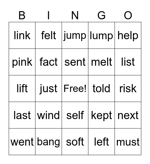 End Consonants Bingo Card