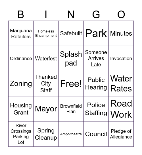 City Council Meeting Bingo Card