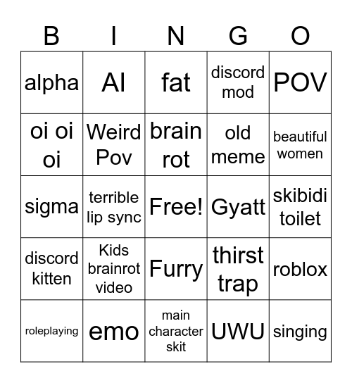 Cringe TT Bingo Card