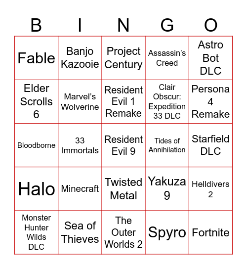 Summer of Gaming (PS, SGF, X) Bingo Card