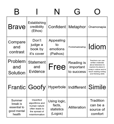 ENG II EOC Review Bingo Card