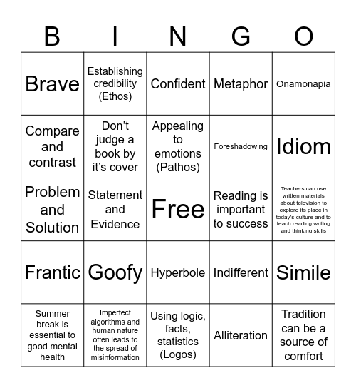 ENG II EOC Review Bingo Card