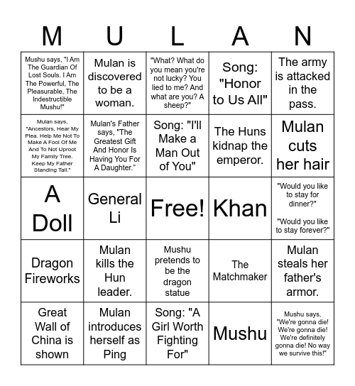 Mulan Bingo Card